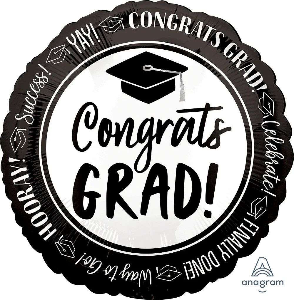 Congrats Grad! White and Black 18" Round Mylar