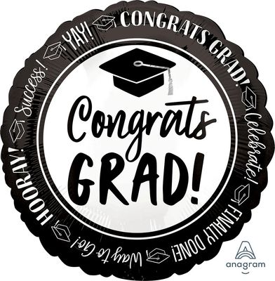 Congrats Grad! White and Black 18" Round Mylar