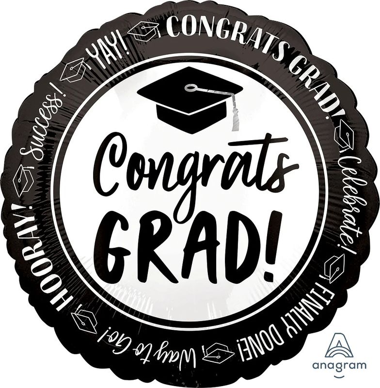 Congrats Grad! White and Black 18" Round Mylar