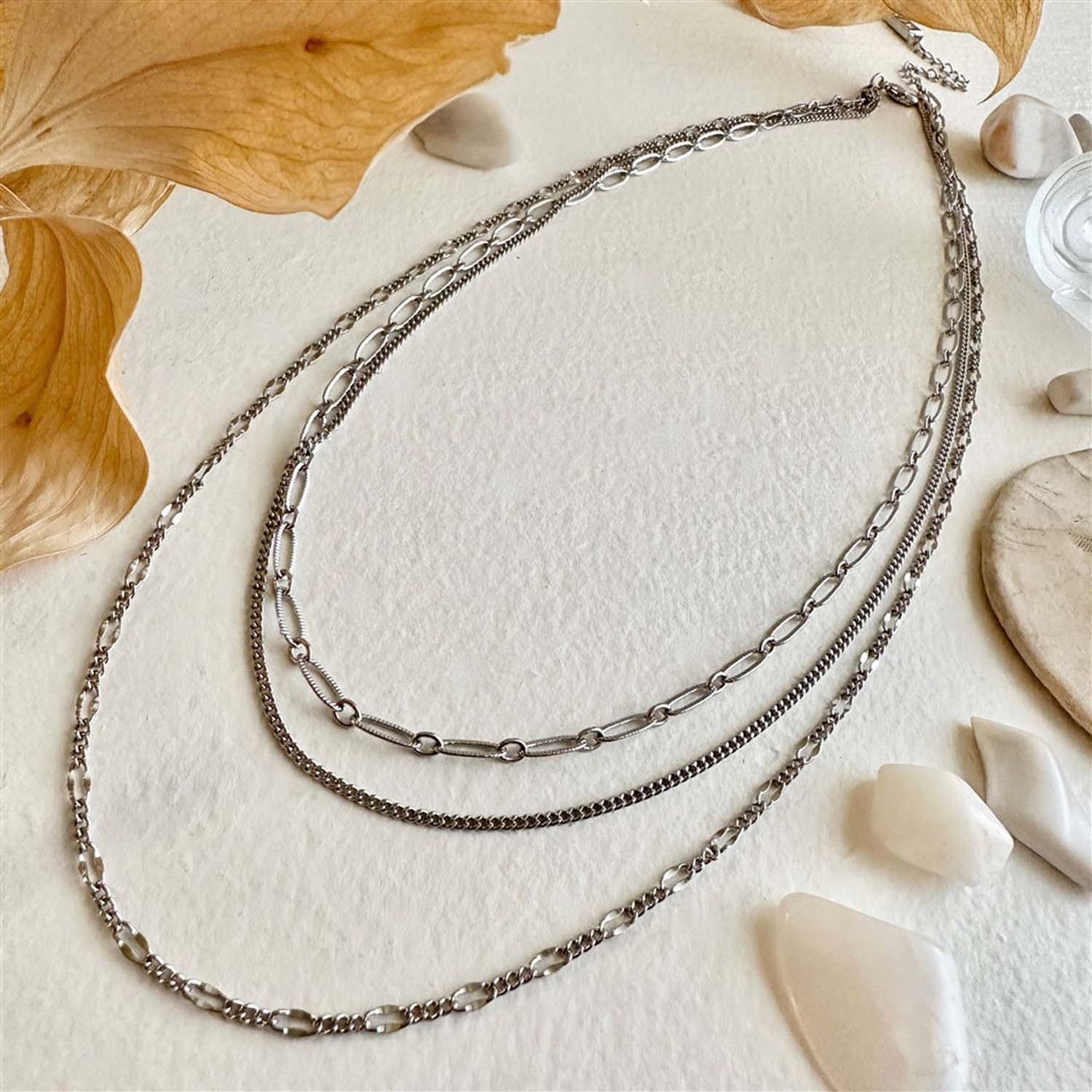 Triple Layered Textured Chain Necklace in Silver