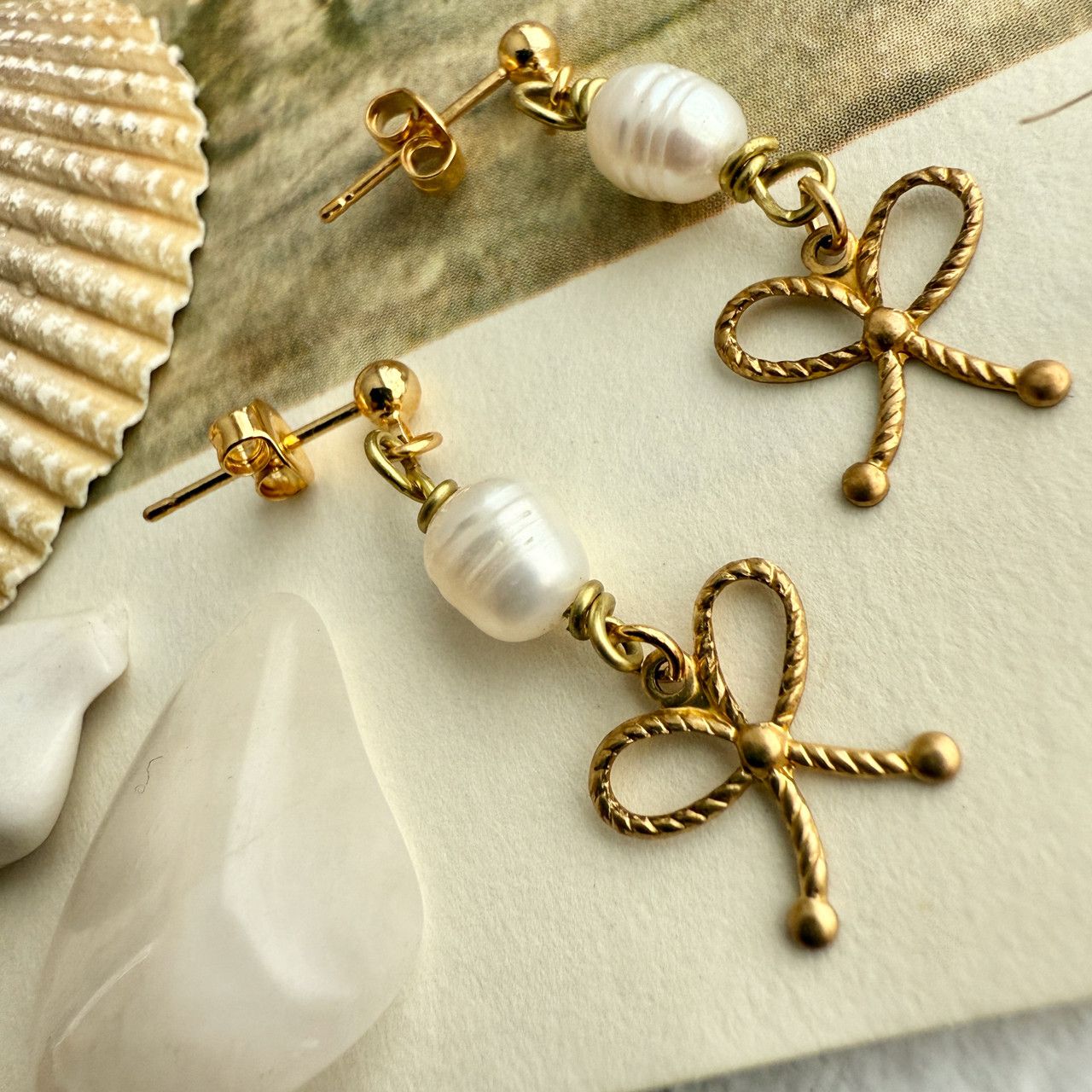 Raw Brass Bow and Pearl Drop Earrings in Gold