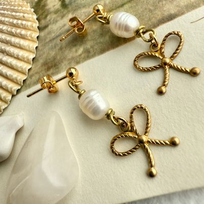 Raw Brass Bow and Pearl Drop Earrings in Gold