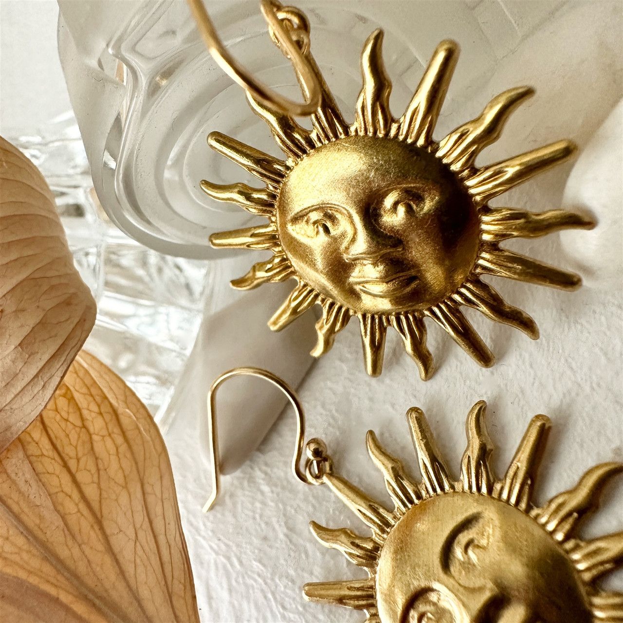 Raw Brass Sun Face Drop Earrings