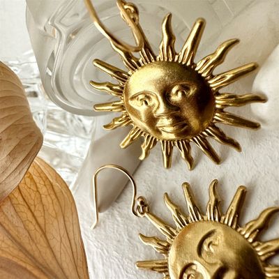 Raw Brass Sun Face Drop Earrings