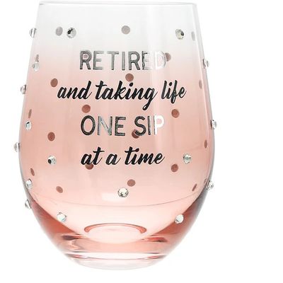 “One Sip at a Time” Retirement Stemless Wine Glass