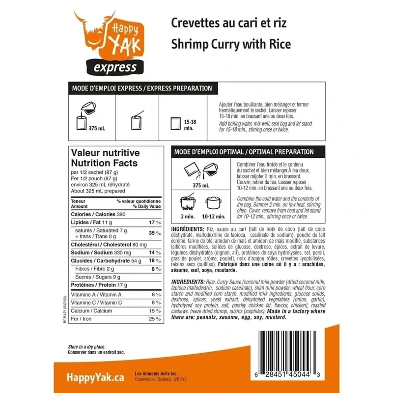 Crevettes au cari et riz Happy Yak