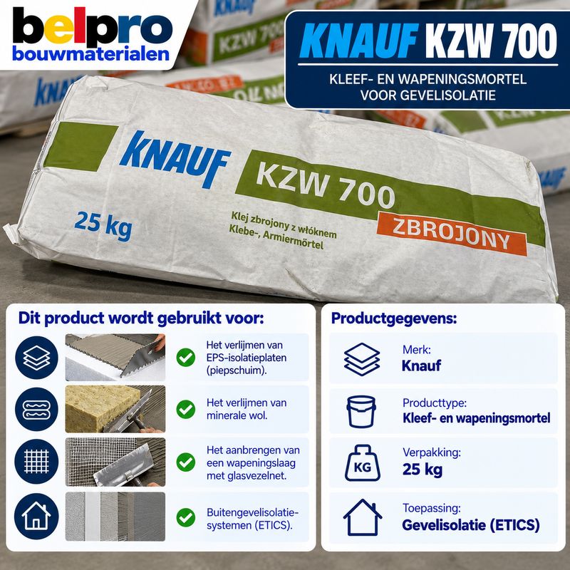 Knauf KZW 700 – Vezelversterkte lijm- en wapeningsmortel (25 kg).