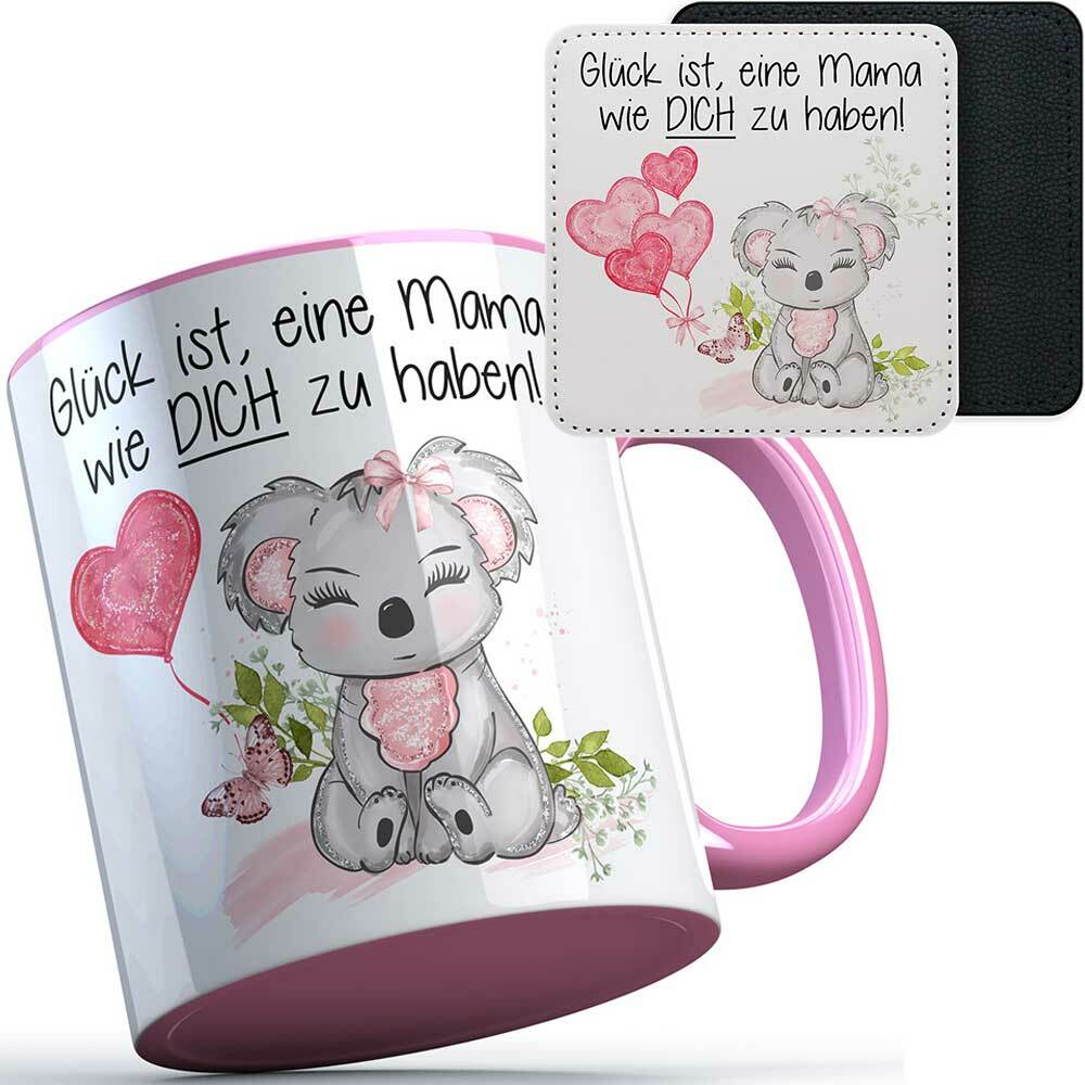 "Glück ist, eine Mama wie dich zu haben!" Geschenkset mit Tasse & Kunstleder Untersetzer (Geschenk zum Muttertag) 92140
