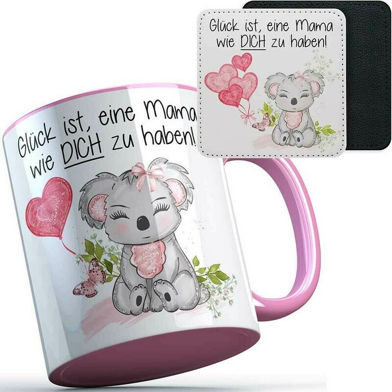 "Glück ist, eine Mama wie dich zu haben!" Geschenkset mit Tasse & Kunstleder Untersetzer (Geschenk zum Muttertag)