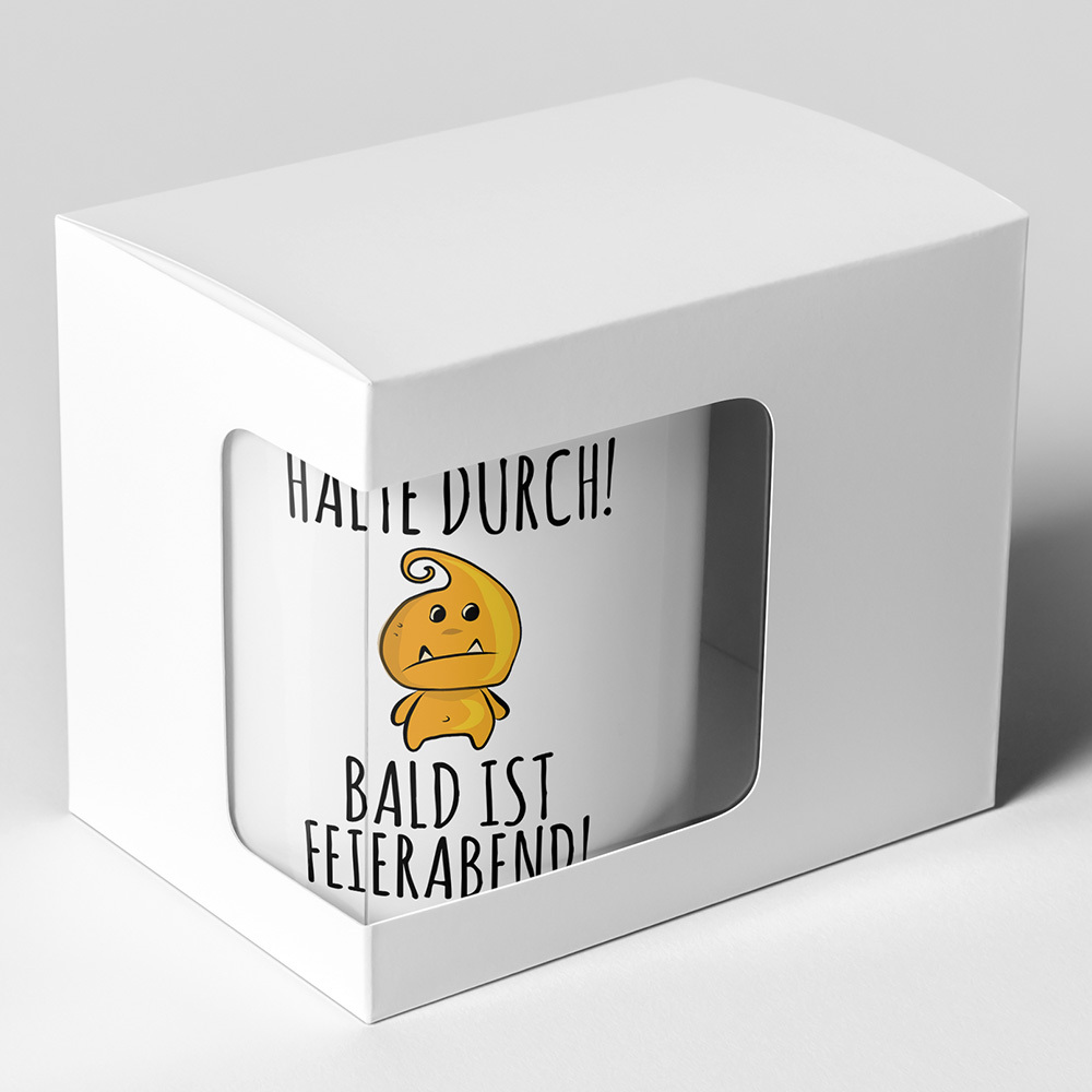 "Halte durch bald ist Feierabend" Tasse lustige Sprüchetasse inkl. passendem Untersetzer (5 Varianten)