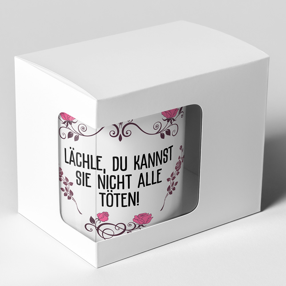"Lächle du kannst sie nicht alle töten!" Tasse inkl. passendem Untersetzer lustige Sprüchetasse (5 Varianten)