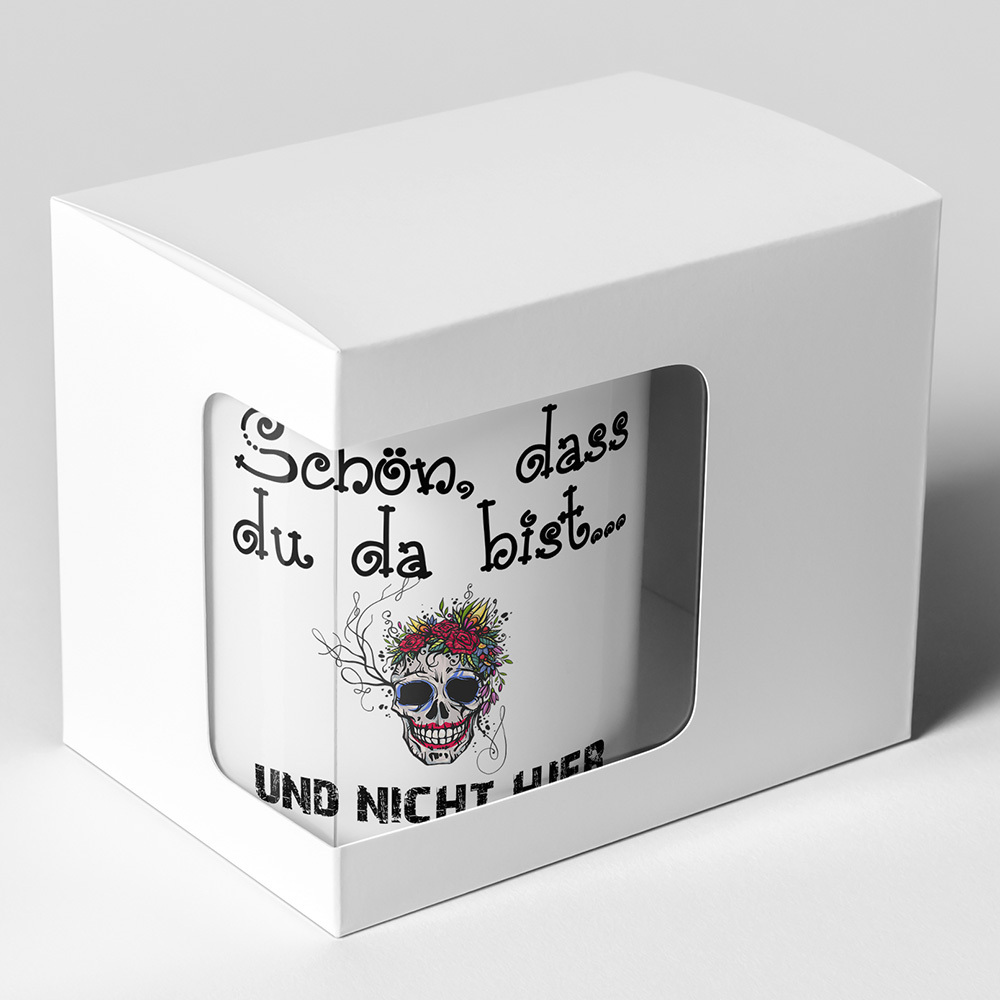 "Schön, dass du da bist und nicht hier" Tasse inkl. passendem Untersetzer lustige Sprüchetasse (5 Varianten)