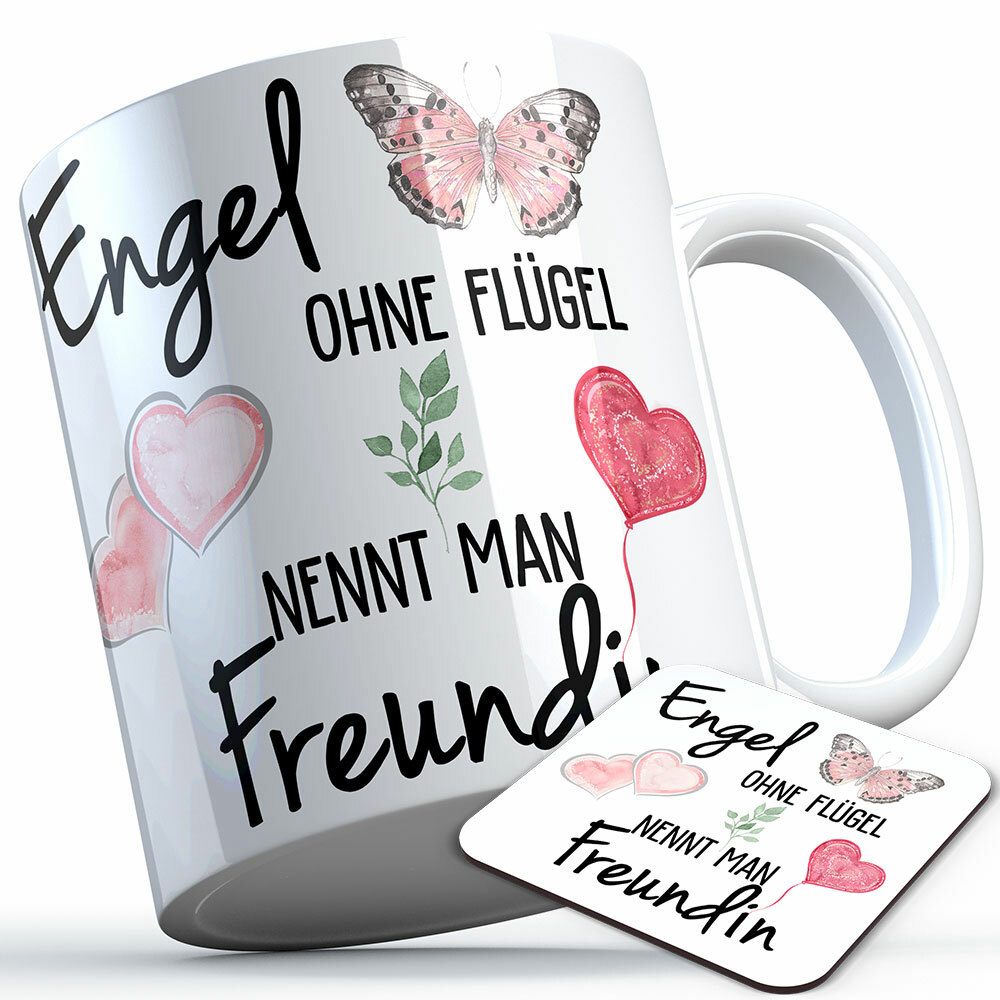 "Engel ohne Flügel nennt man Freundin" Tasse inkl. passendem Untersetzer (5 Varianten)