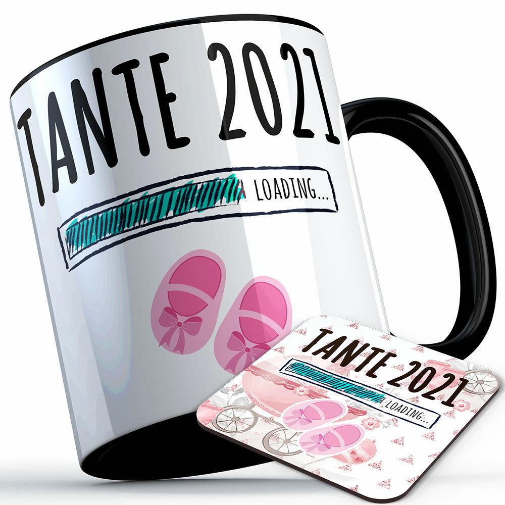 "Tante 2021 loading... (Mädchen)" Tasse inkl. passendem Untersetzer (5 Varianten)