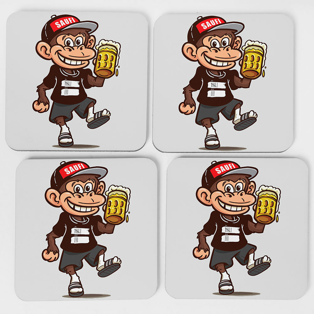 "Saufi Affe" Bieruntersetzer aus Hartfaser (Motiv: Prost!)