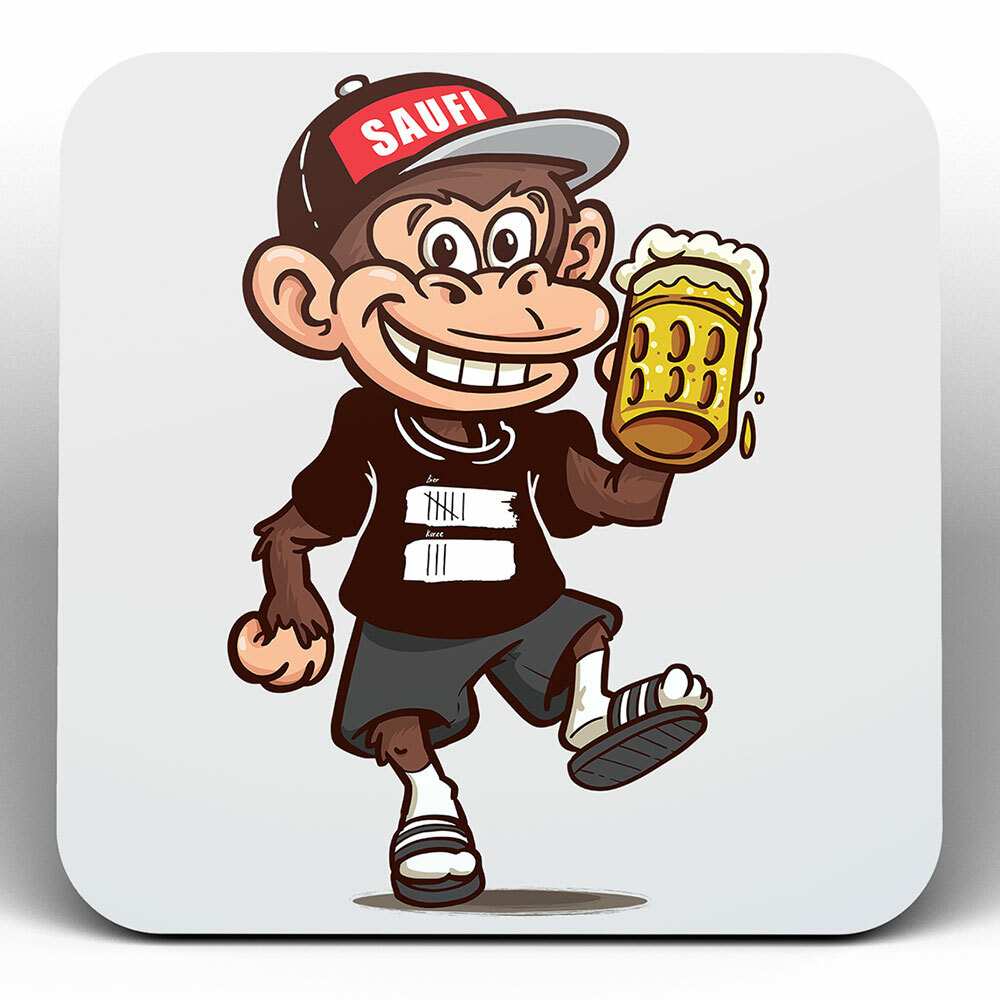 "Saufi Affe" Bieruntersetzer aus Hartfaser (Motiv: Prost!)