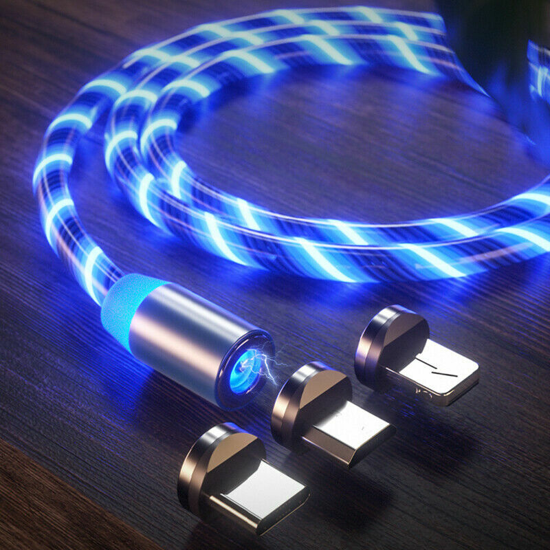 Beleuchtetes 3 in 1 LED USB Ladekabel mit Magnetanschluss und Lauflichtfunktion, kompatibel mit Lightning-, Micro-USB sowie Type-C Anschluss (erhältlich in verschiedenen Farben)