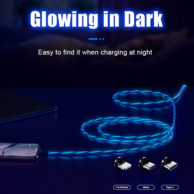 Beleuchtetes 3 in 1 LED USB Ladekabel mit Magnetanschluss und Lauflichtfunktion, kompatibel mit Lightning-, Micro-USB sowie Type-C Anschluss (erhältlich in verschiedenen Farben)