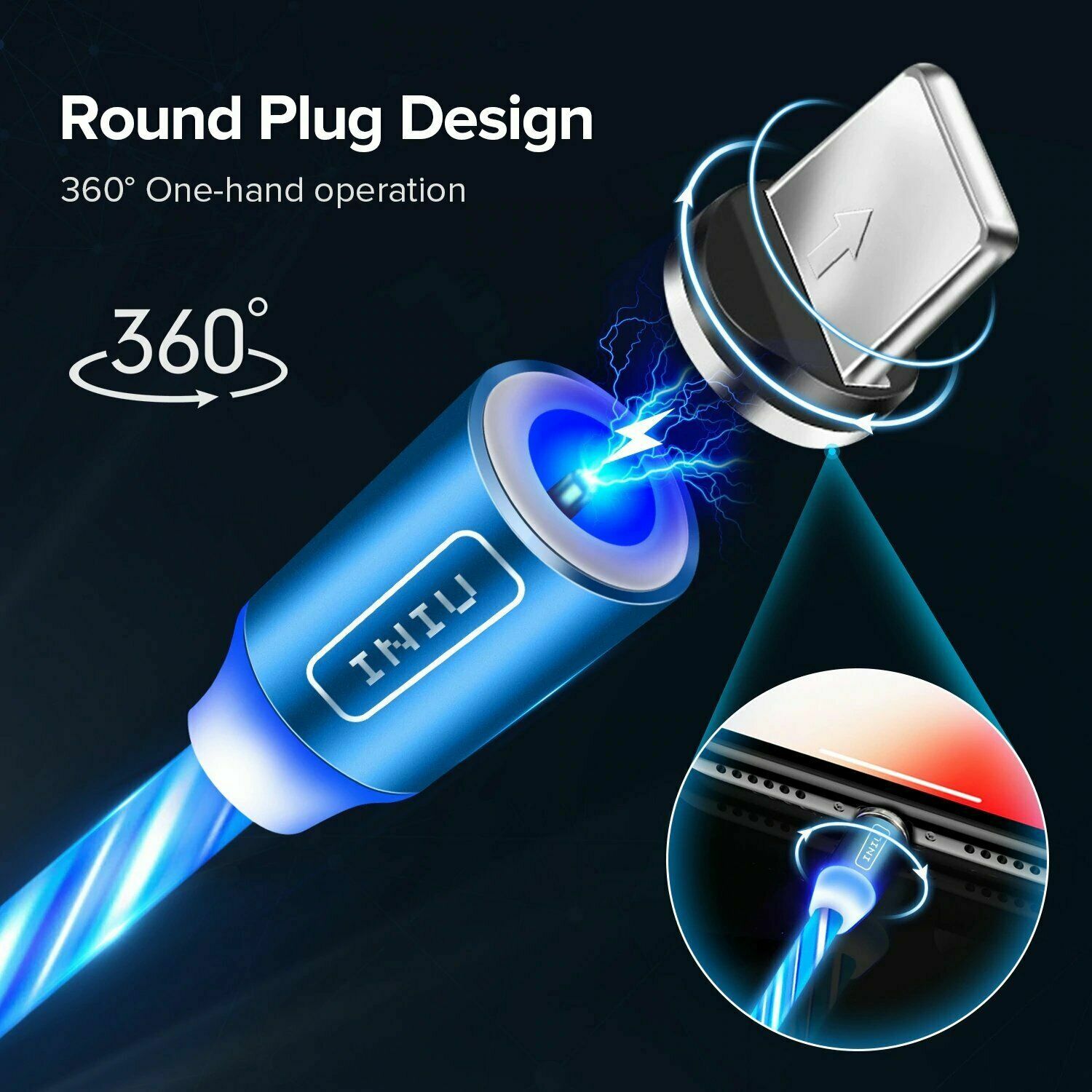 Beleuchtetes 3 in 1 LED USB Ladekabel mit Magnetanschluss und Lauflichtfunktion, kompatibel mit Lightning-, Micro-USB sowie Type-C Anschluss (erhältlich in verschiedenen Farben)
