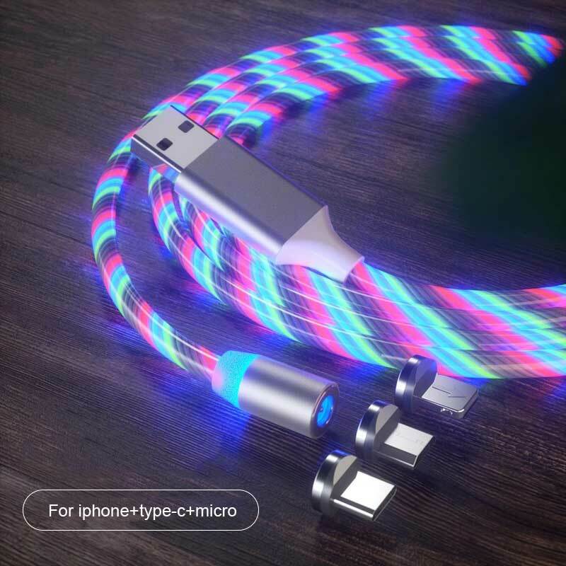 Beleuchtetes 3 in 1 LED USB Ladekabel mit Magnetanschluss und Lauflichtfunktion, kompatibel mit Lightning-, Micro-USB sowie Type-C Anschluss (erhältlich in verschiedenen Farben)