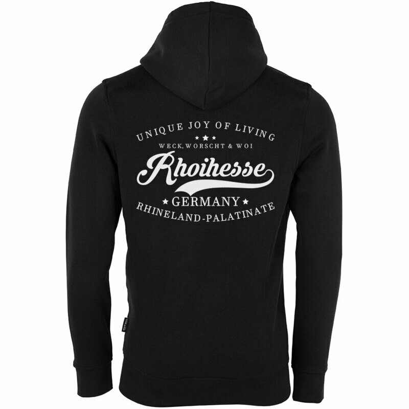 "Weck, Worscht & Woi - Rhoihesse!" Luxury Zip-Hoodie vorne mit Schweif (Unisex)