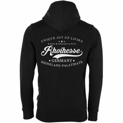 "Weck, Worscht & Woi - Rhoihesse!" Luxury Zip-Hoodie vorne mit Schweif (Unisex)