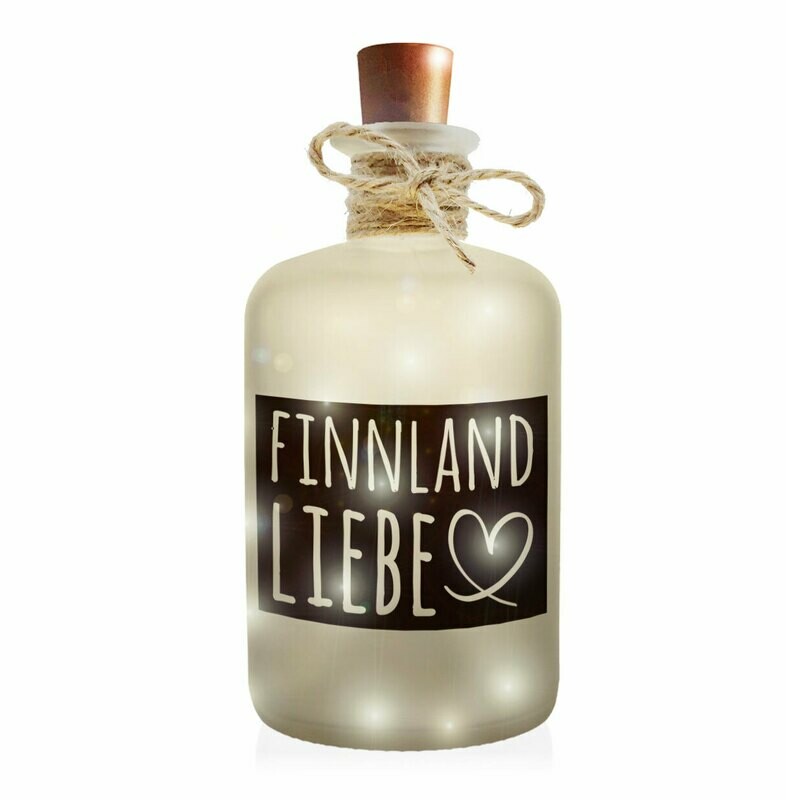 "Finnlandliebe" Flaschenlicht (Frost-Look Dekoflasche mit integrierter LED-Beleuchtung)