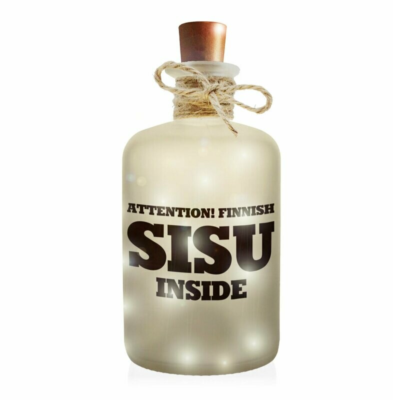 "Attention! Finnish SISU inside" Flaschenlicht (Frost-Look Dekoflasche mit integrierter LED-Beleuchtung)