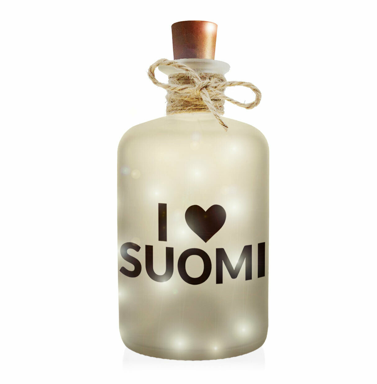 "I love Suomi" Flaschenlicht (Frost-Look Dekoflasche mit integrierter LED-Beleuchtung)