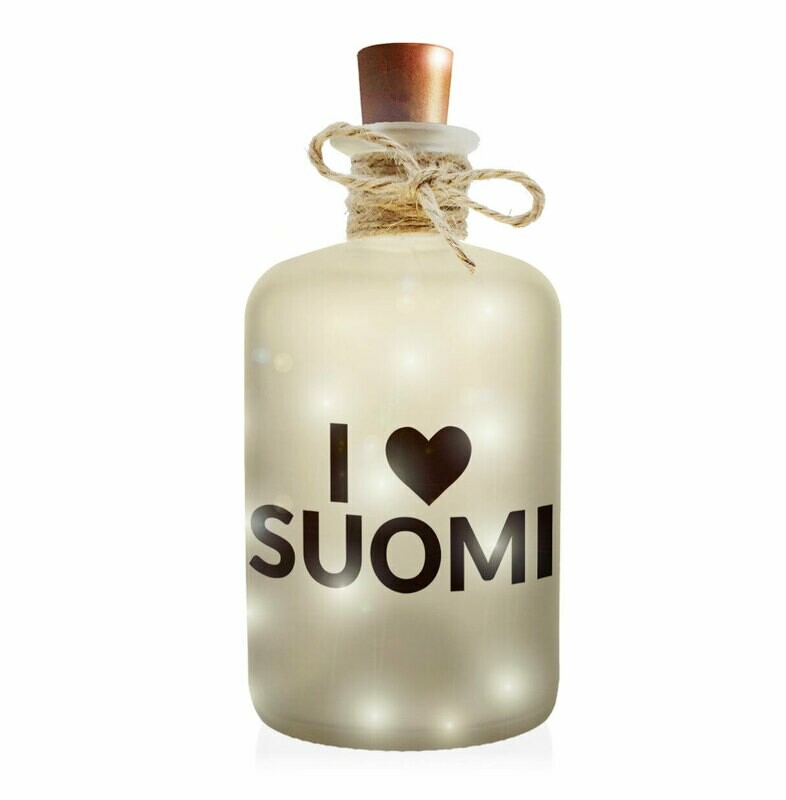 "I love Suomi" Flaschenlicht (Frost-Look Dekoflasche mit integrierter LED-Beleuchtung)