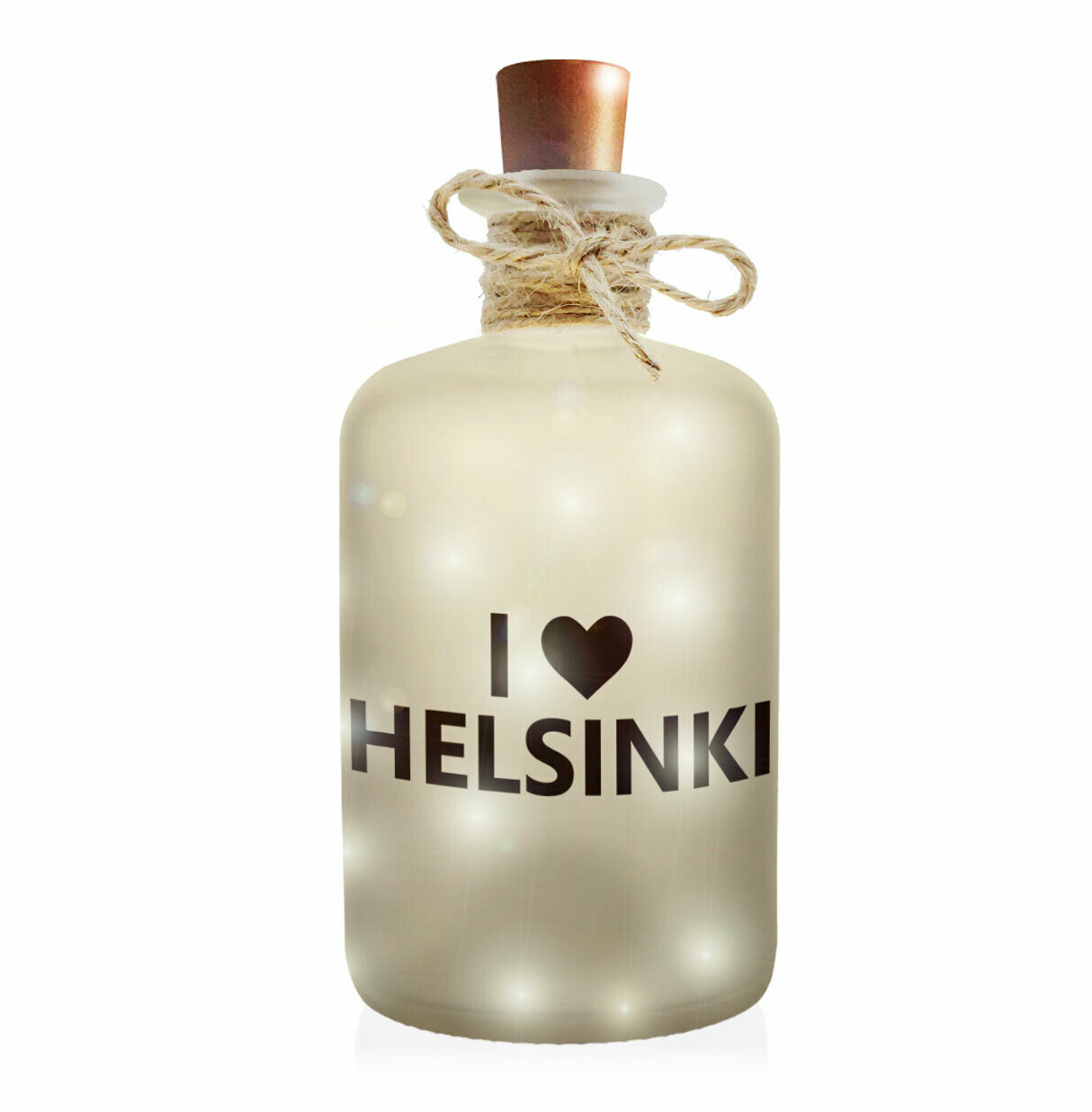 "I love Helsinki" Flaschenlicht (Frost-Look Dekoflasche mit integrierter LED-Beleuchtung)