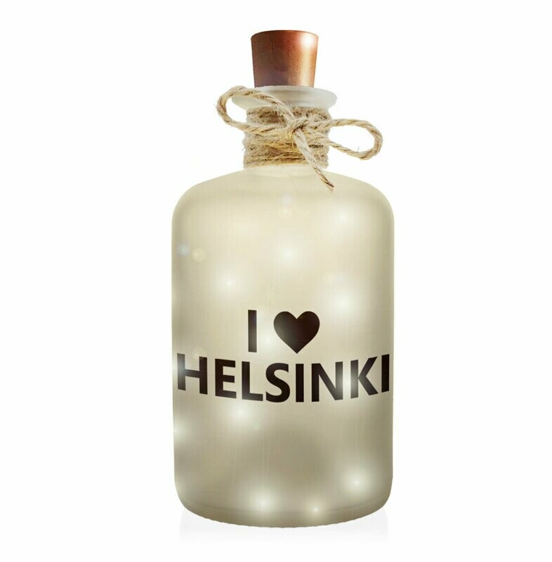 "I love Helsinki" Flaschenlicht (Frost-Look Dekoflasche mit integrierter LED-Beleuchtung)