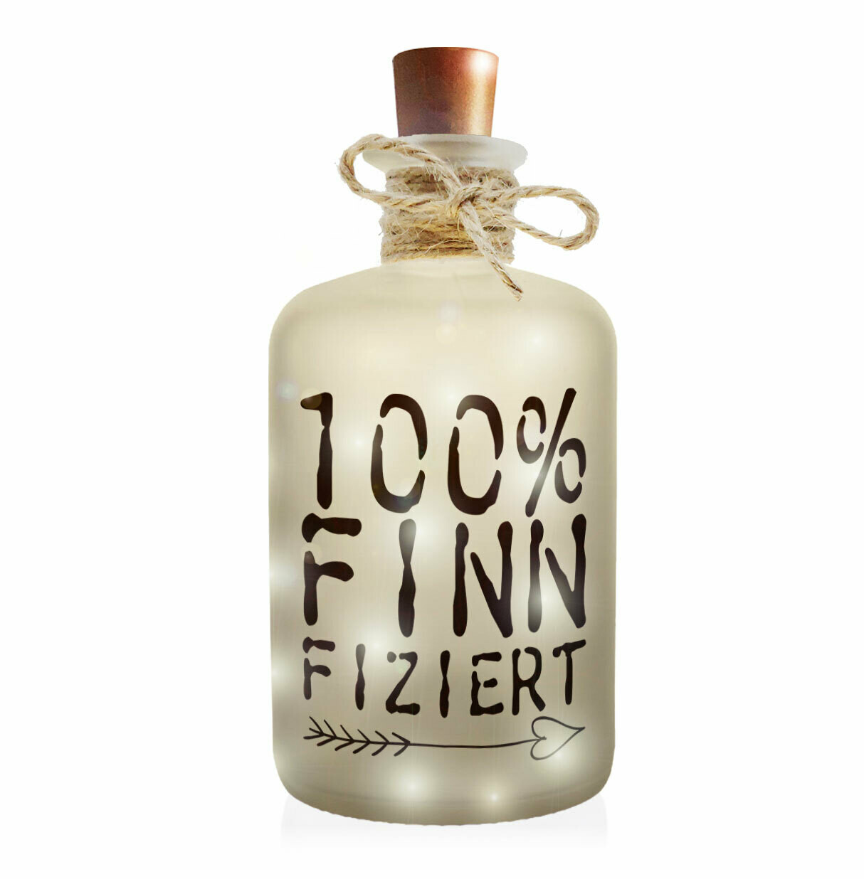 "100% finnfiziert" Flaschenlicht (Frost-Look Dekoflasche mit LED-Beleuchtung)