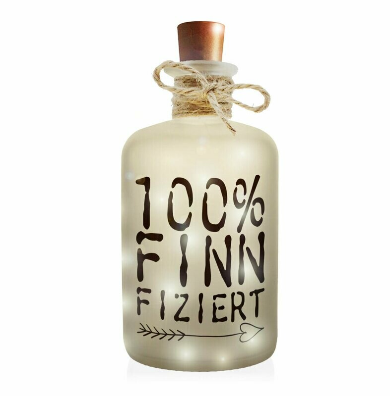 "100% finnfiziert" Flaschenlicht (Frost-Look Dekoflasche mit LED-Beleuchtung)