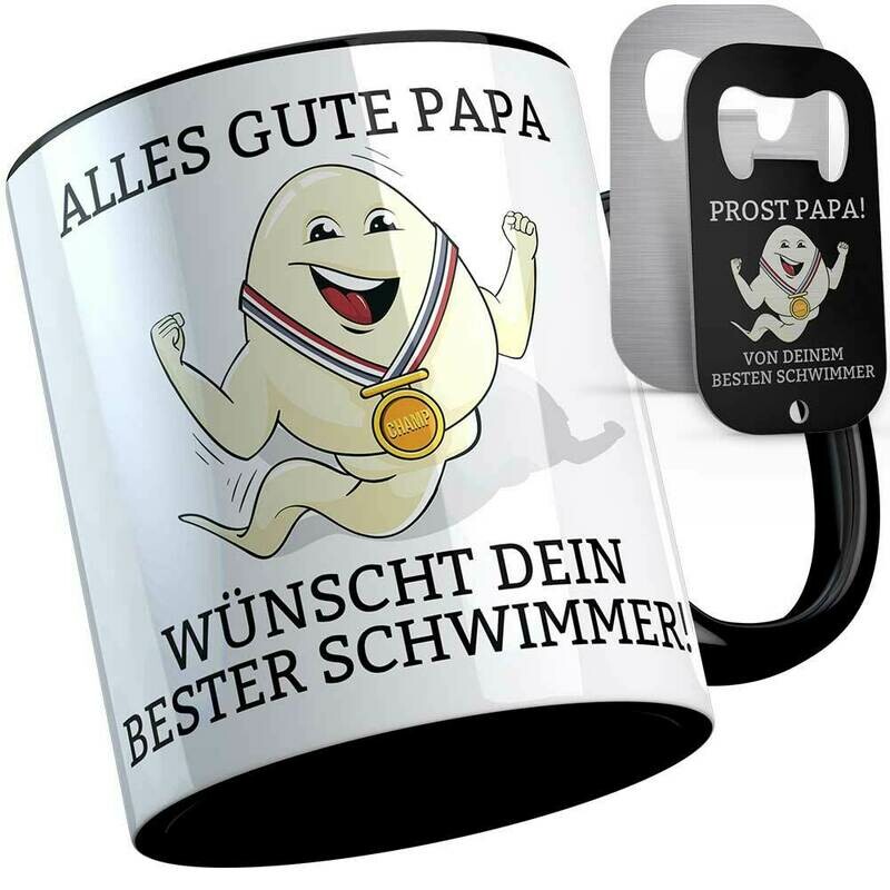 "Alles Gute Papa wünscht dein bester Schwimmer" Spermium Tasse inkl. Edelstahl-Flaschenöffner (Verschiedene Varianten)