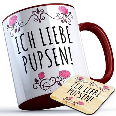 Ich liebe pupsen Tasse inkl. passendem Untersetzer lustige Sprüchetasse (5 Varianten)