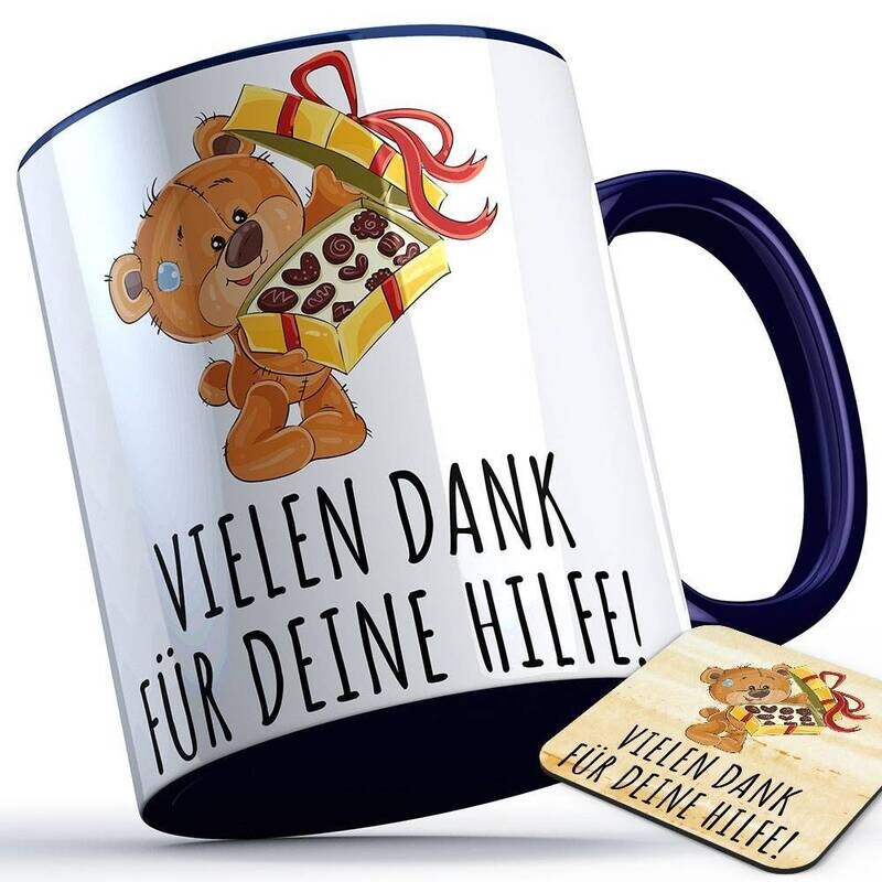 Vielen Dank für deine Hilfe Tasse (Bär mit Pralinen) inkl. passendem Untersetzer süße Sprüchetasse (5 Varianten)
