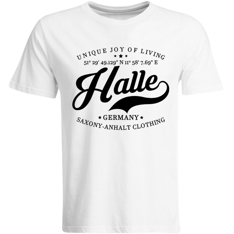 Halle T-Shirt mit GPS Koordinaten (Herren, Rundhals- oder V-Ausschnitt)