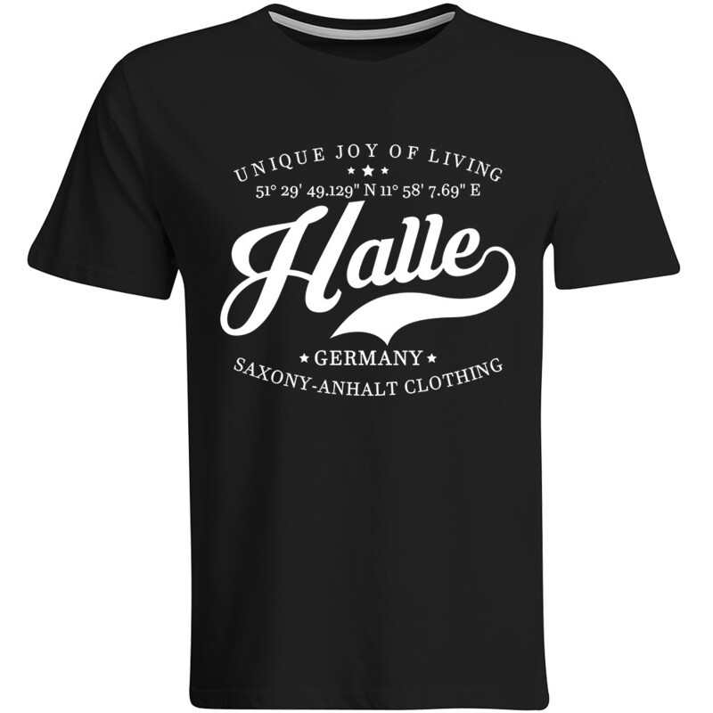 Halle T-Shirt mit GPS Koordinaten (Herren, Rundhals- oder V-Ausschnitt)