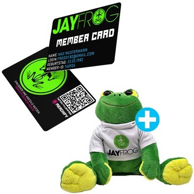 Official Jay Frog Member Card mit fluoreszierendem Logo inkl. 5 € Coupon Code + Plüschfrosch (25 cm hoch)