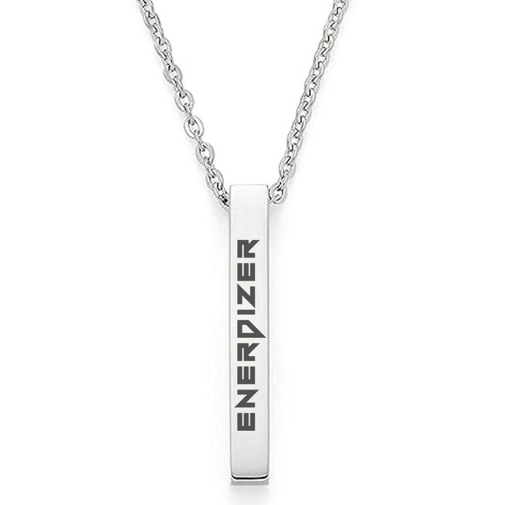 Halskette mit lasergraviertem Enerdizer Pendent aus Edelstahl / Vertikal-Anhänger hochpoliert