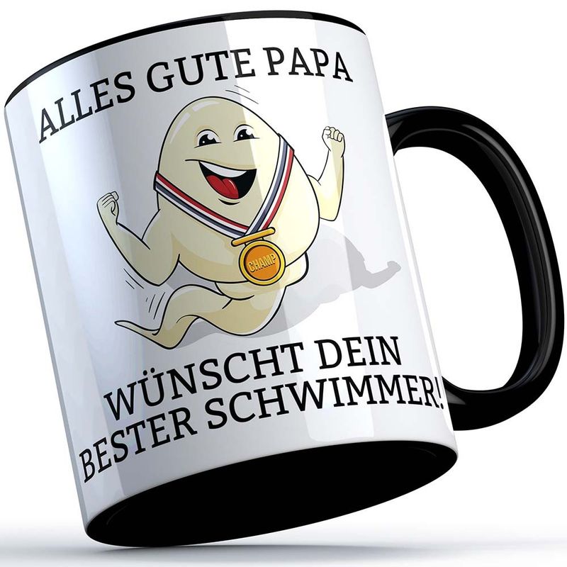 "Alles Gute Papa wünscht dein bester Schwimmer" Spermium Tasse (Schwarzer Henkel)