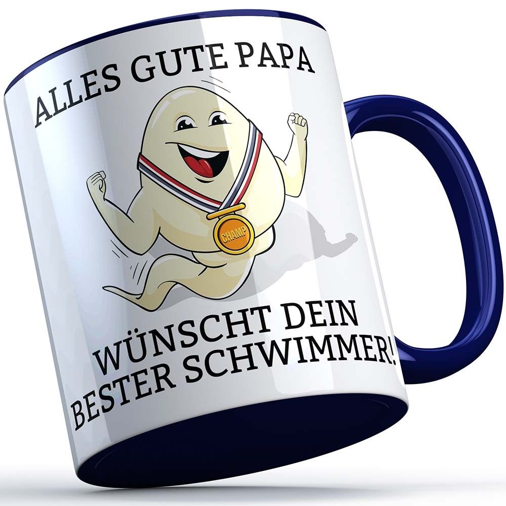 "Alles Gute Papa wünscht dein bester Schwimmer" Spermium Tasse (Dunkelblauer Henkel)