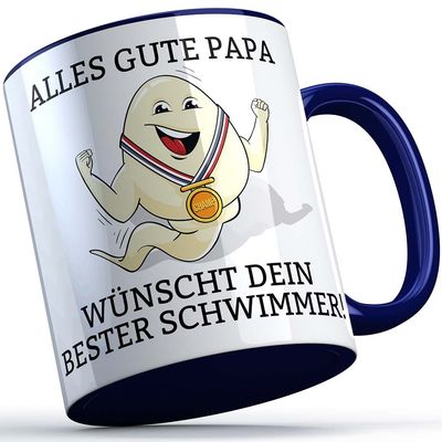 "Alles Gute Papa wünscht dein bester Schwimmer" Spermium Tasse (Dunkelblauer Henkel)