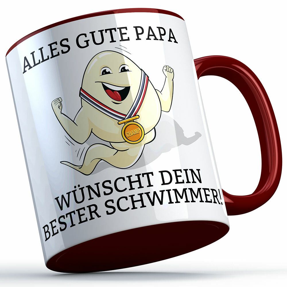 "Alles Gute Papa wünscht dein bester Schwimmer" Spermium Tasse (Burgunder Henkel)