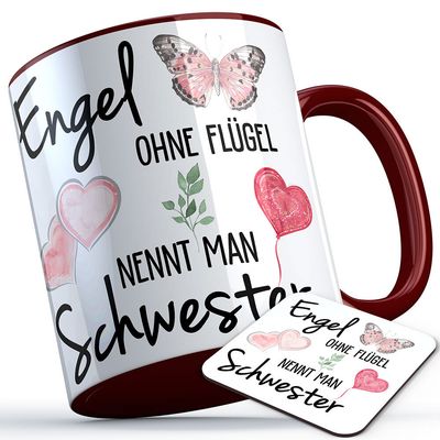 "Engel ohne Flügel nennt man Schwester" Tasse inkl. passendem Untersetzer (5 Varianten)