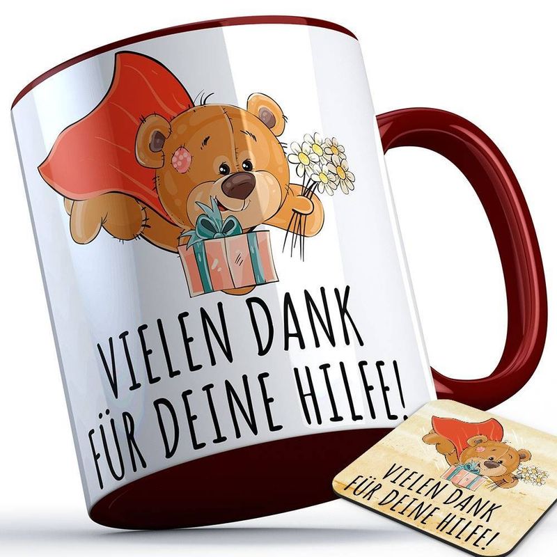 Vielen Dank für deine Hilfe Tasse (fliegender Bär) inkl. passender Untersetzer süße Sprüchetasse (5 Varianten)
