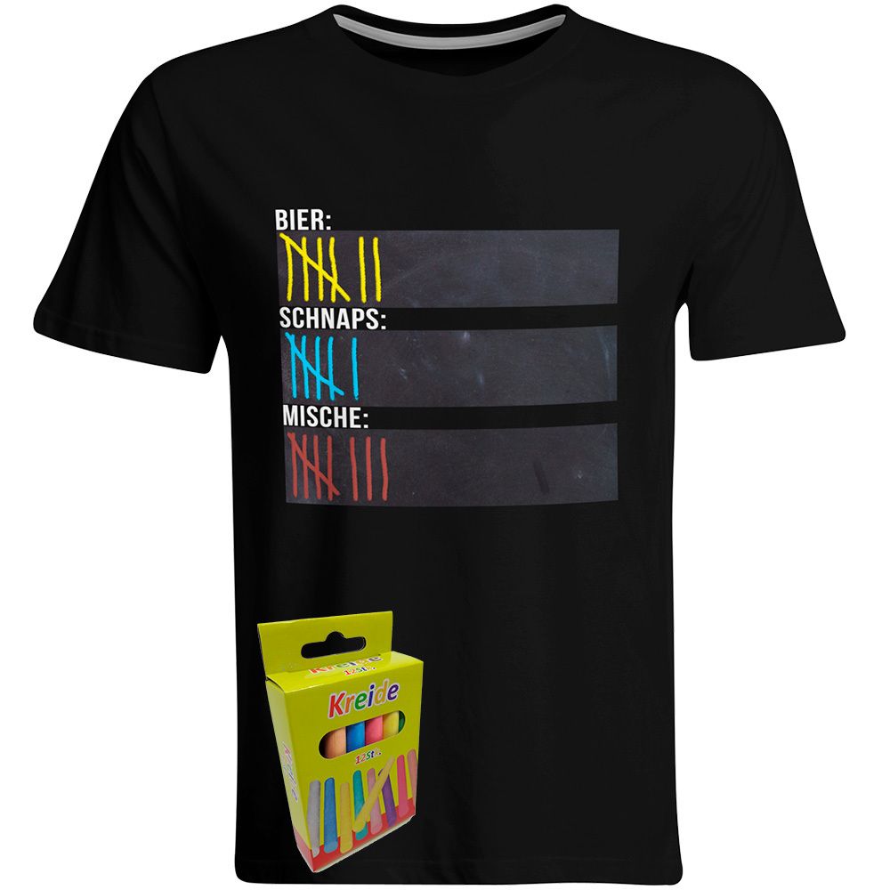 T-Shirt Strichliste Bier, Schnaps & Mische mit Kreide beschreibbar inkl. 12er-Pack Kreide (Herren, Rundhals, verschiedene Farben)
