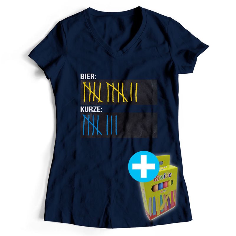 T-Shirt Strichliste Bier & Kurze inkl. 12er-Pack Kreide (Damen, V-Neck, verschiedene Farben) T-Shirt Strichliste Bier & Kurze inkl. 12er-Pack Kreide (Damen, V-Neck, verschiedene Farben)