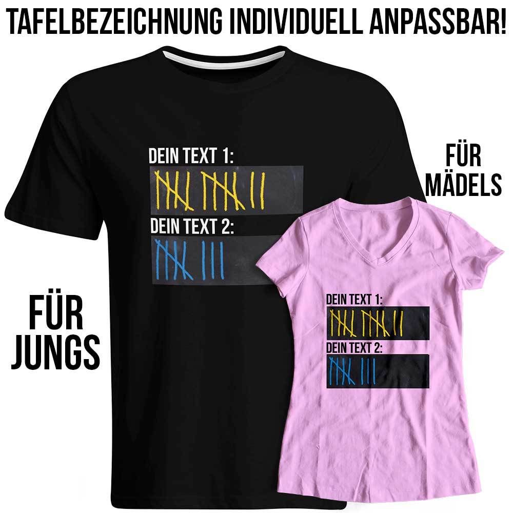 T-Shirt Strichliste mit Wunschtext, Tafeln mit Kreide beschreibbar inkl. 12er-Pack Kreide (Verschiedene Ausführungen)